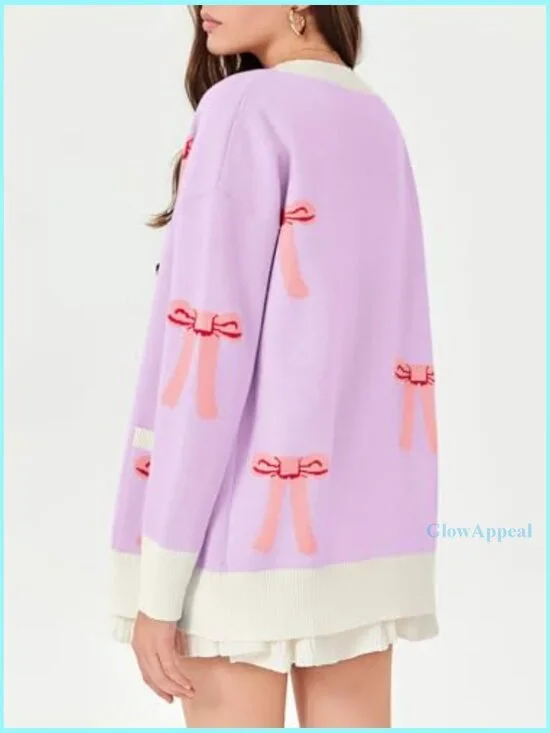 Oversized V-Neck Cardigan Sweater with Bow Print, Loose Knit, Button Front - Picture 5 of 7